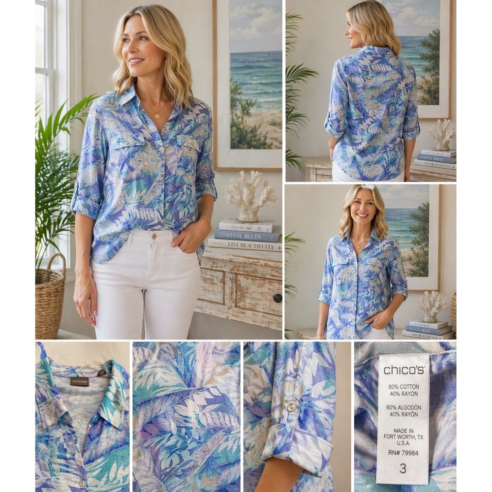 Chico's Size 3 Blue Tropical Leaf Button Shirt Roll Tab Sleeve Coastal